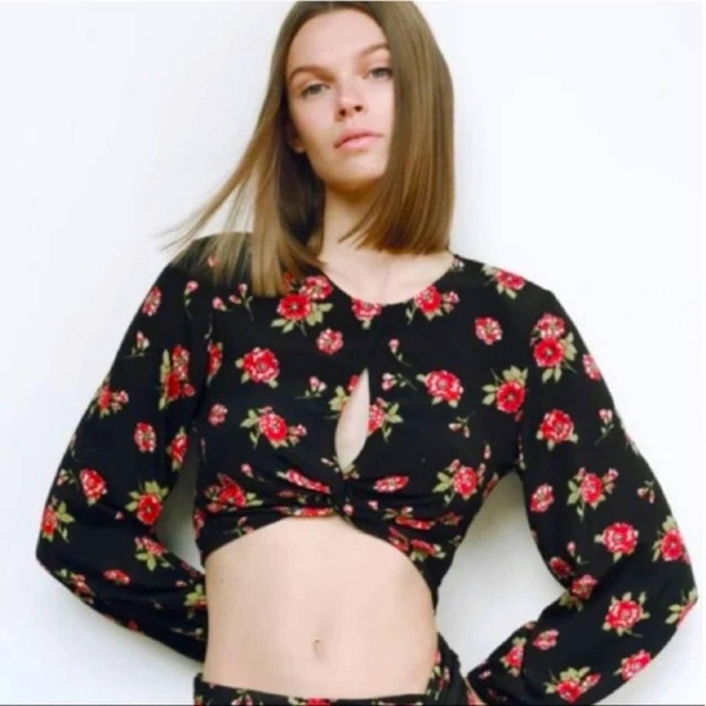 Zara black Floral cropped Blouse